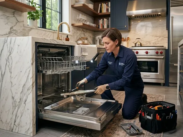 Appliance Repair Hero technician servicing a built-in dishwasher in a Boston, KY kitchen