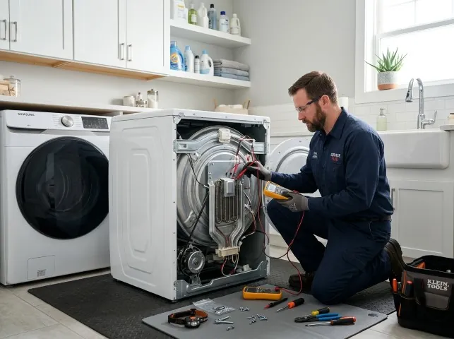 Appliance Repair Hero technician checking a dryer heating element with the rear panel off in Boston, KY