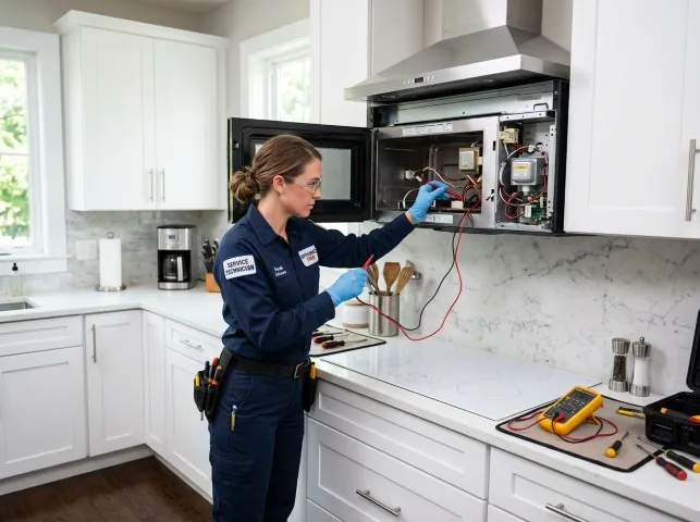 Appliance Repair Hero technician testing an over-the-range microwave in a Boston, KY kitchen