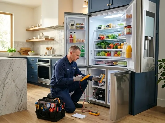 Appliance Repair Hero refrigerator technician testing a fridge on a Boston, KY service call