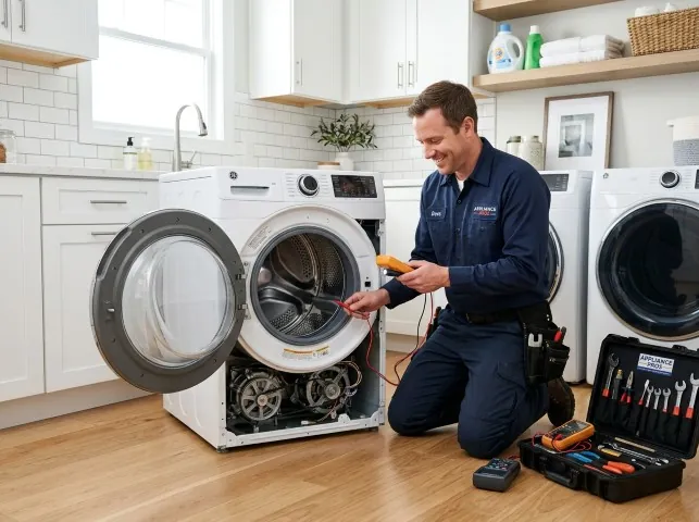 Appliance Repair Hero technician testing a front-load washer with a multimeter on a Boston, KY service call